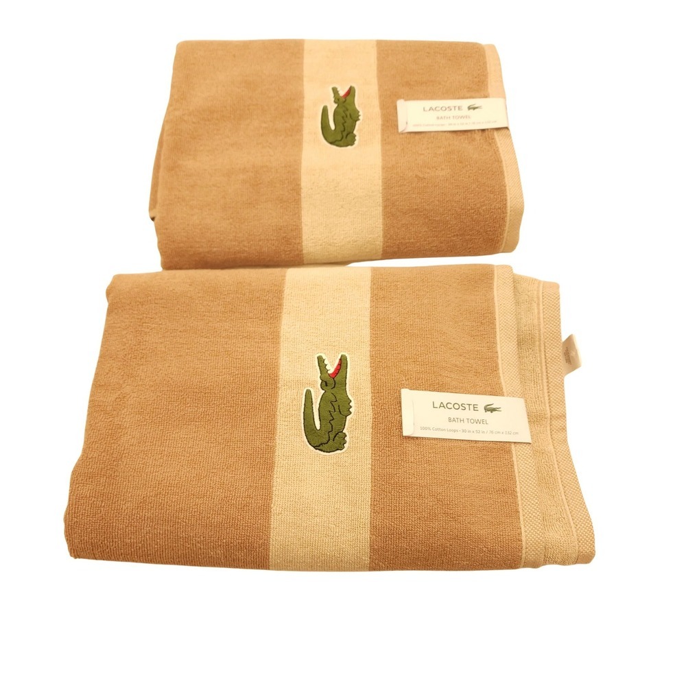 Lacoste Bath Towel 100% Cotton Loops Beige Stripe Embroidered Croc Set of 2